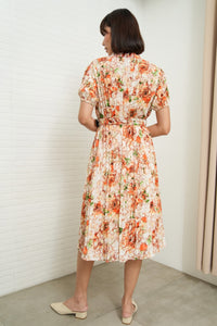 AGNES Belted Pleated Floral Dress