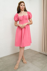 ODESSA Puff-Sleeve Padded Dress (Flamingo Pink)