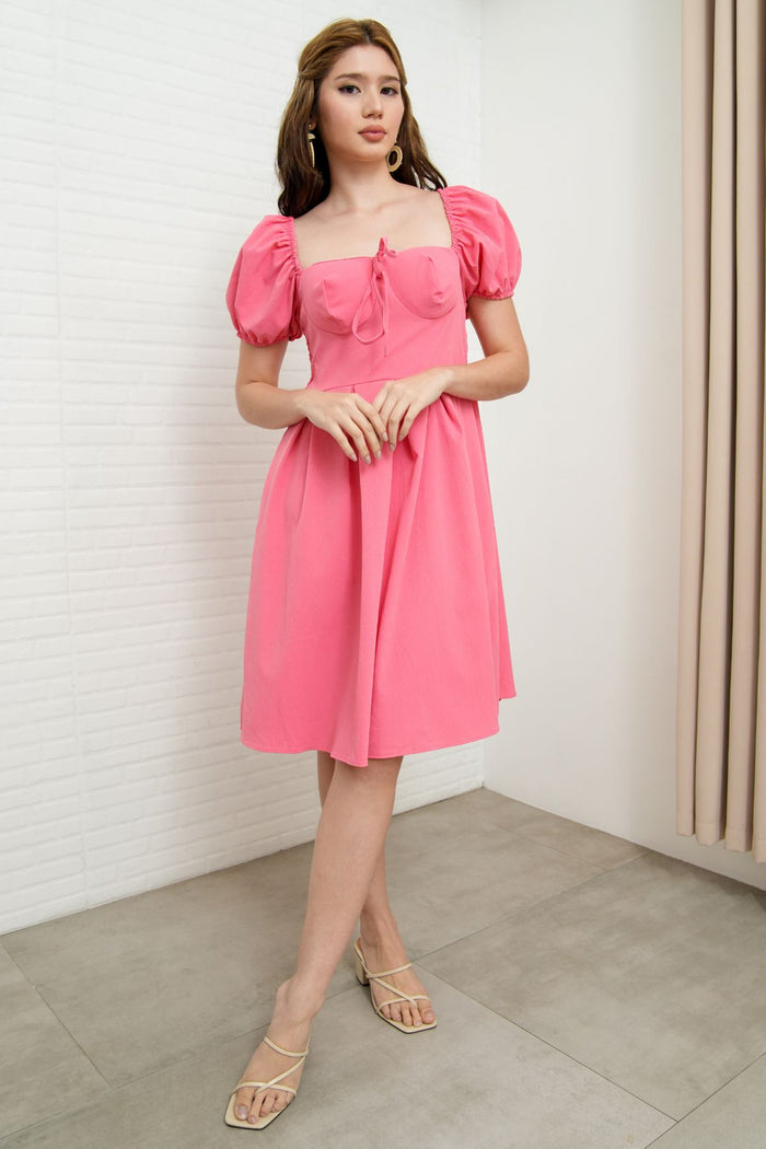 ODESSA Puff-Sleeve Padded Dress (Flamingo Pink)