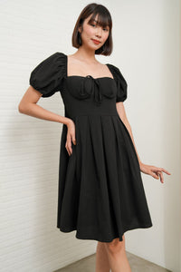 ODESSA Puff-Sleeve Padded Dress (Black)