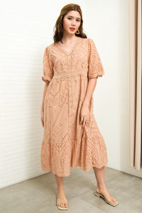 CERYS V-Neck Flutter-Sleeve Eyelet Dress (Nude Brown)