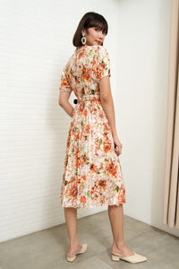 AGNES Belted Pleated Floral Dress