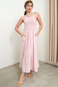 RAMONA Smocked Halter Criss-cross Back Dress (Light Pink)