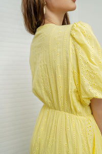 JURIA Puff-Sleeve Button-Down Broderie Dress (Pastel Yellow)