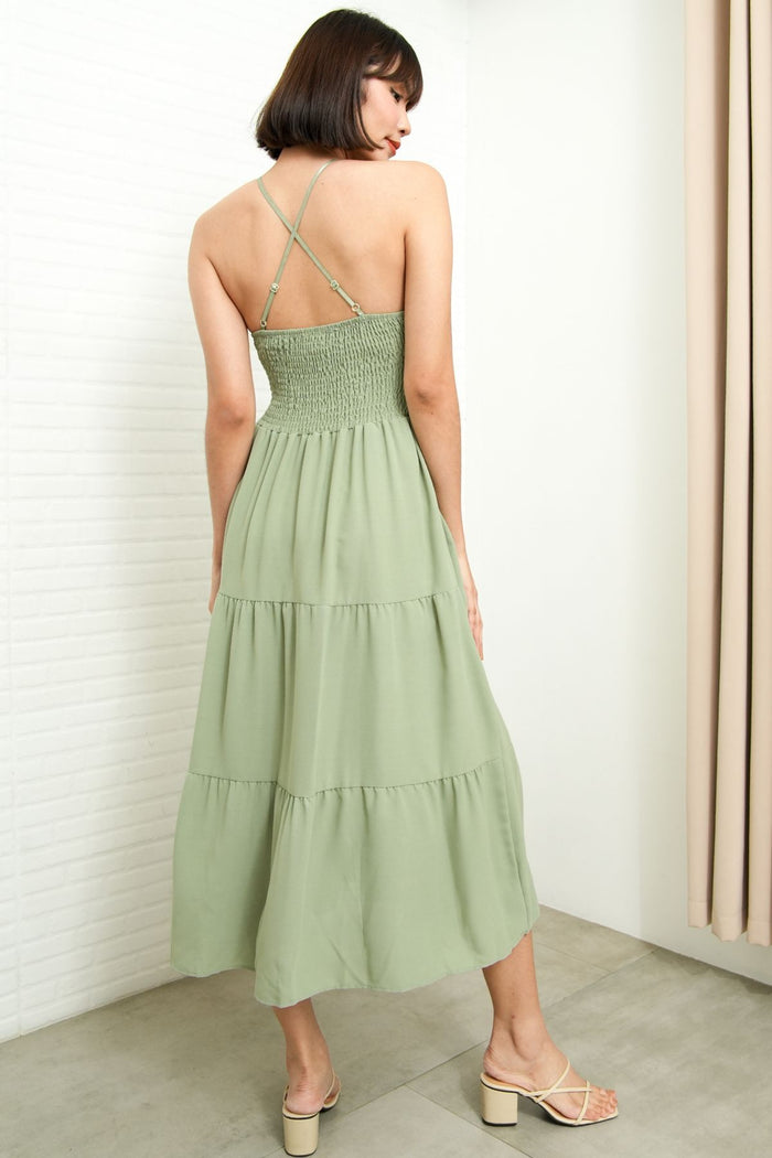 RAMONA Smocked Halter Criss-cross Back Dress (Sage Green)
