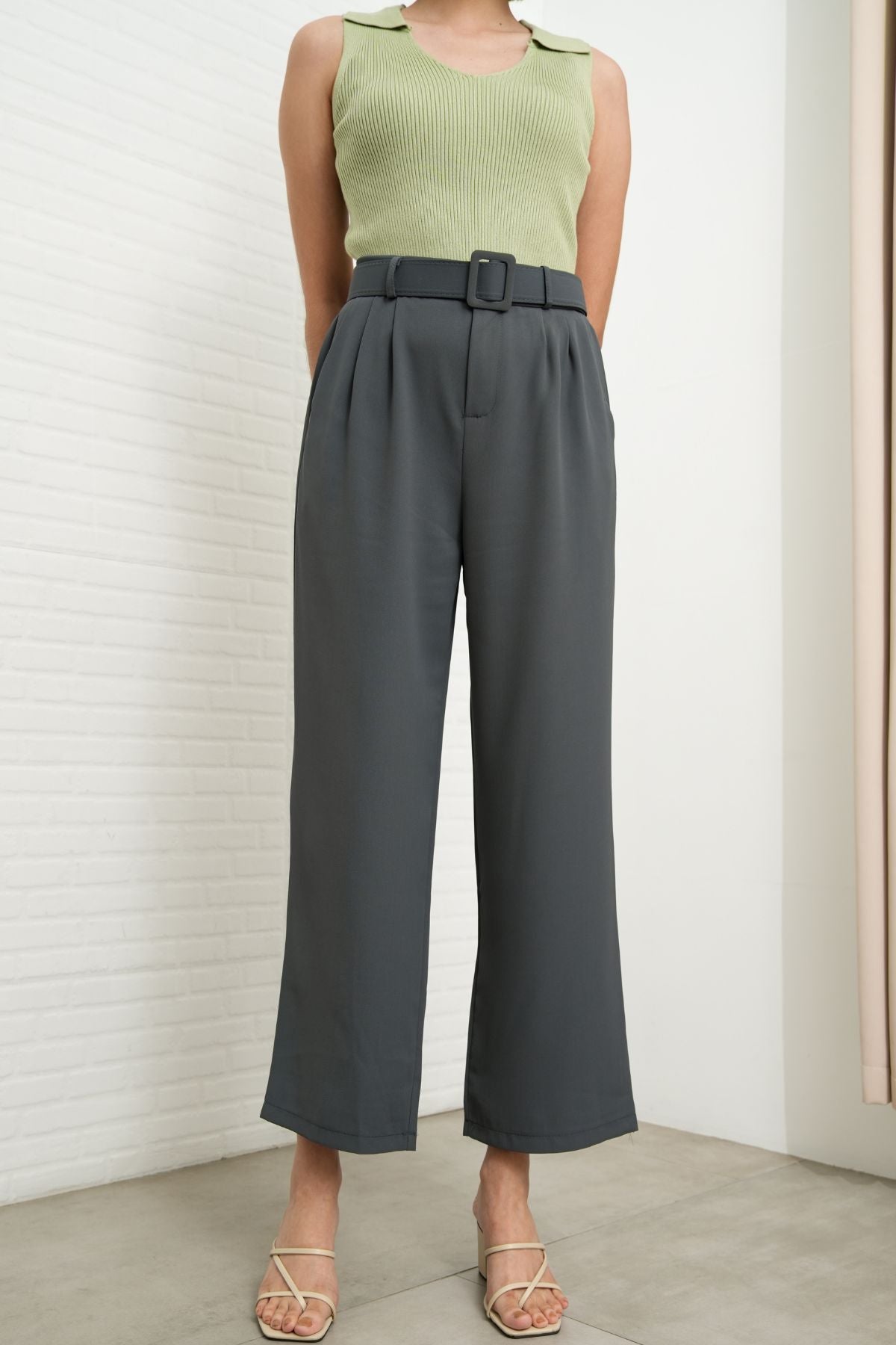 SASKIA Belted High-Waist Tailored Trousers (Steel Gray)