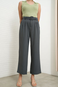 SASKIA Belted High-Waist Tailored Trousers (Steel Gray)