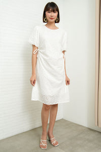 EMMELINE Puff-Sleeve Cut-out Broderie Midi Dress (White)