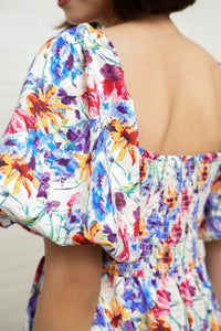 ANYA Pleated Puff-Sleeve Floral Dress (Blue Violet)
