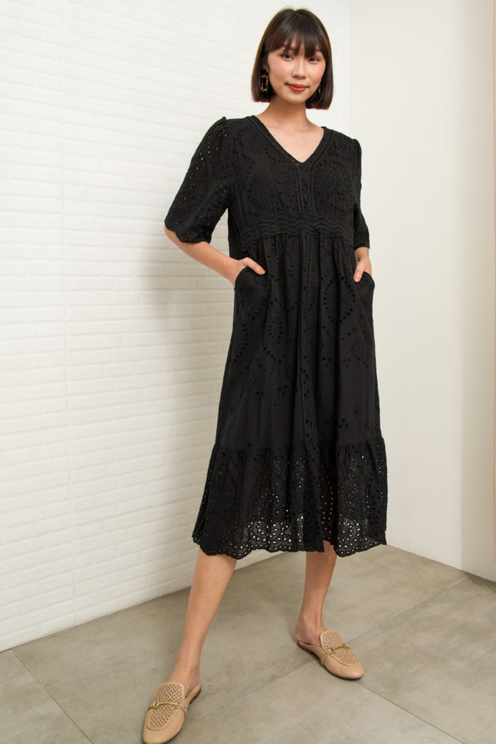 CERYS V-Neck Flutter-Sleeve Eyelet Dress (Black)
