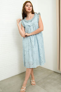 MAREN Tiered Broderie Midi Dress (Powder Blue)