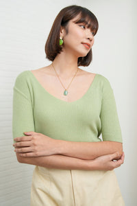 VEDA V-Neck Rib-Knit Top (Pistachio Green)