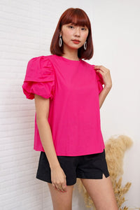 CATALEYA Poplin Puff-Sleeve Top (Magenta)