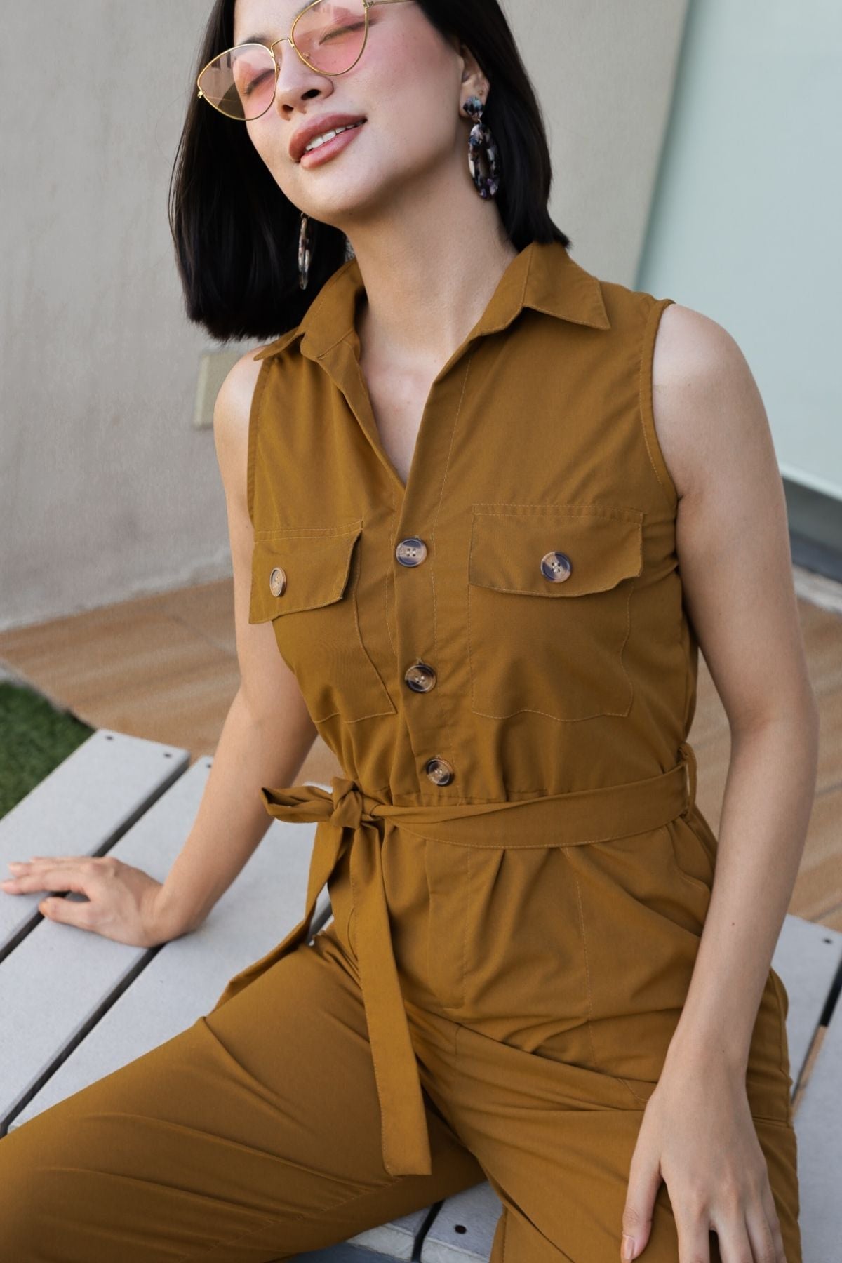 KAT Buttoned Tie-waist Jumpsuit (Deep Mustard)