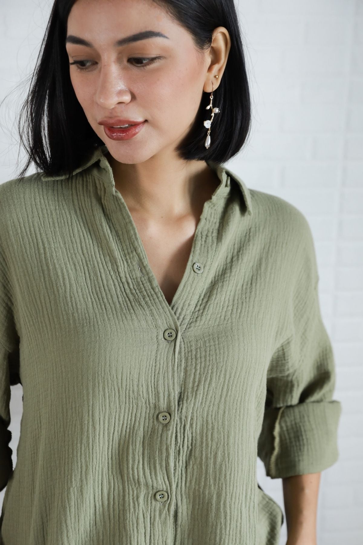 CADENCE Long-Sleeve Button-down Top & Shorts Co-ord (Sage Green)