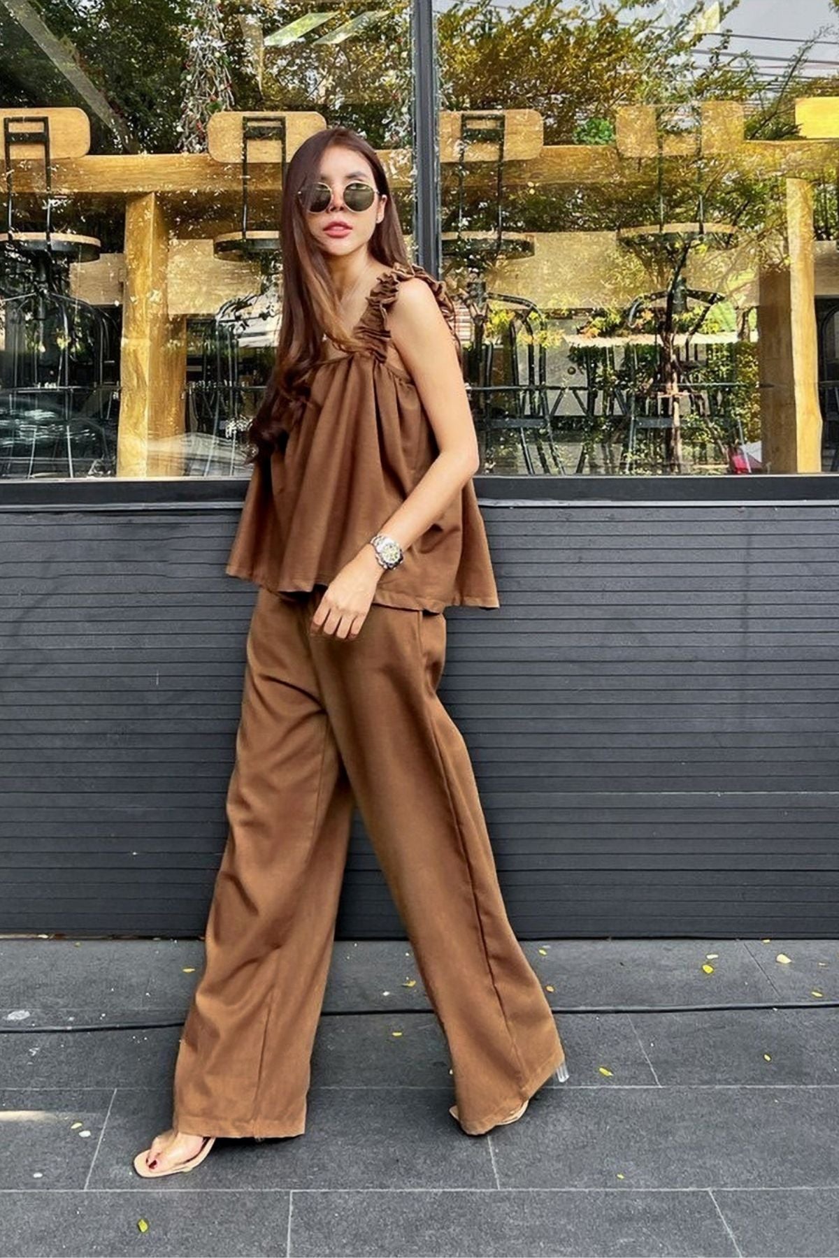 SHELBY Square-Neck Sleeveless Top & Pants Co-ord (Mocha)