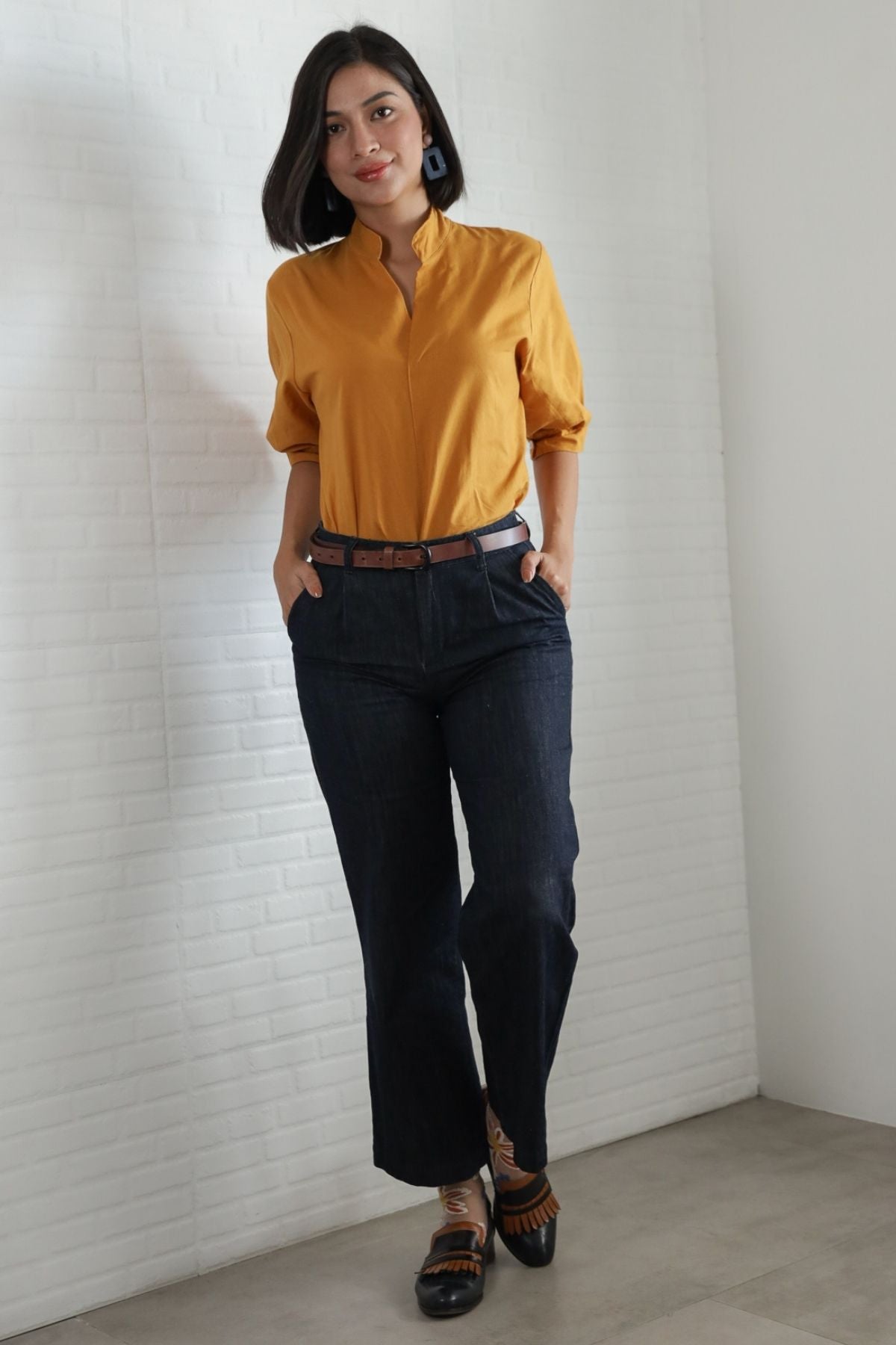 TAYLOR Relaxed Mandarin Collar Top (Saffron Yellow)
