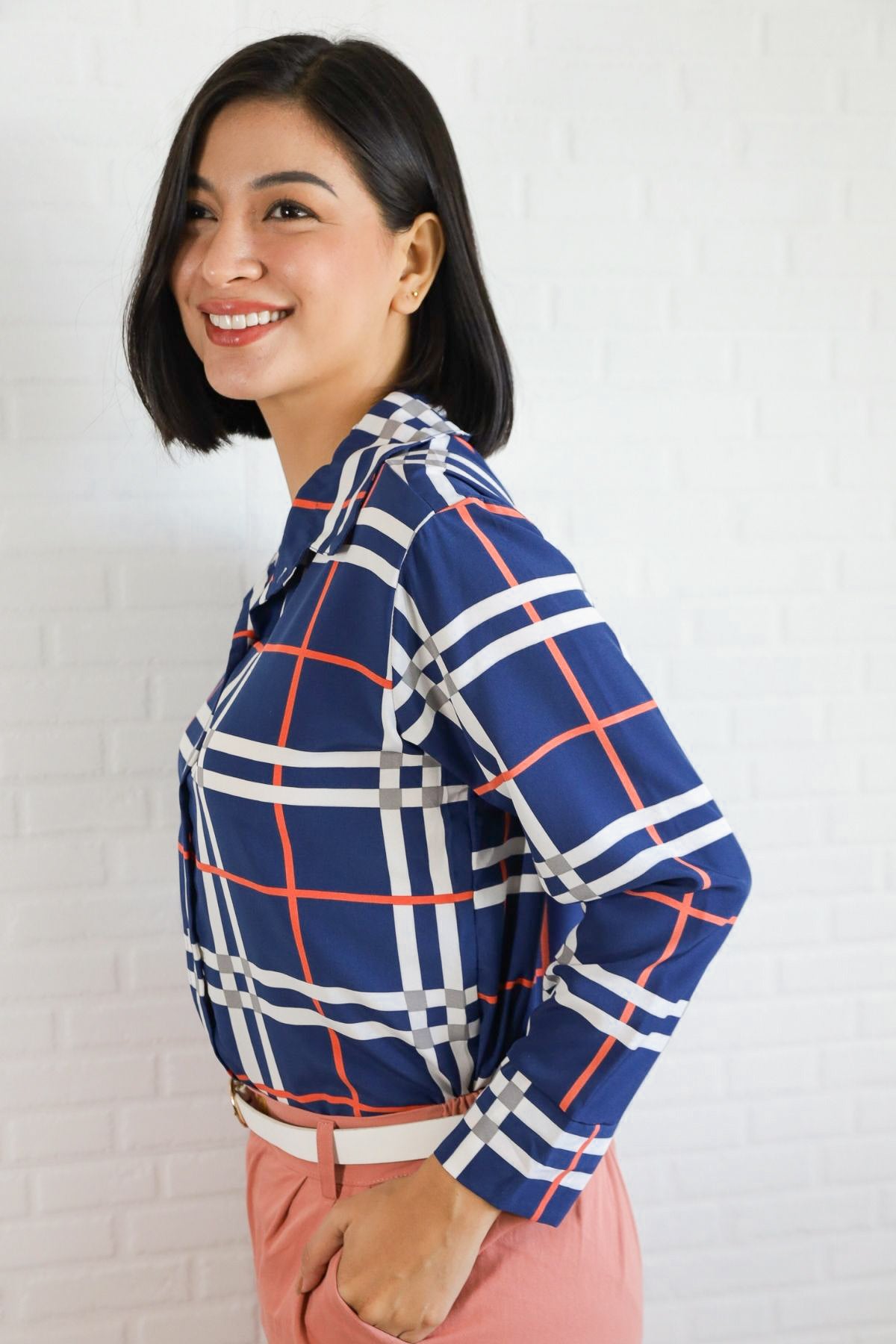 ANIKA Plaid Button-Down Shirt (Blue)