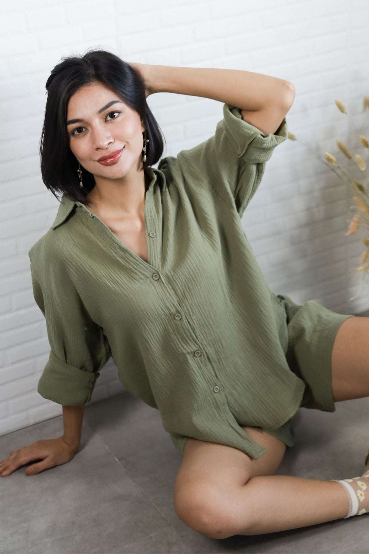 CADENCE Long-Sleeve Button-down Top & Shorts Co-ord (Sage Green)