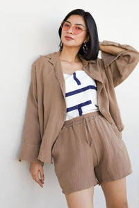 CADENCE Long-Sleeve Button-down Top & Shorts Co-ord (Mocha)