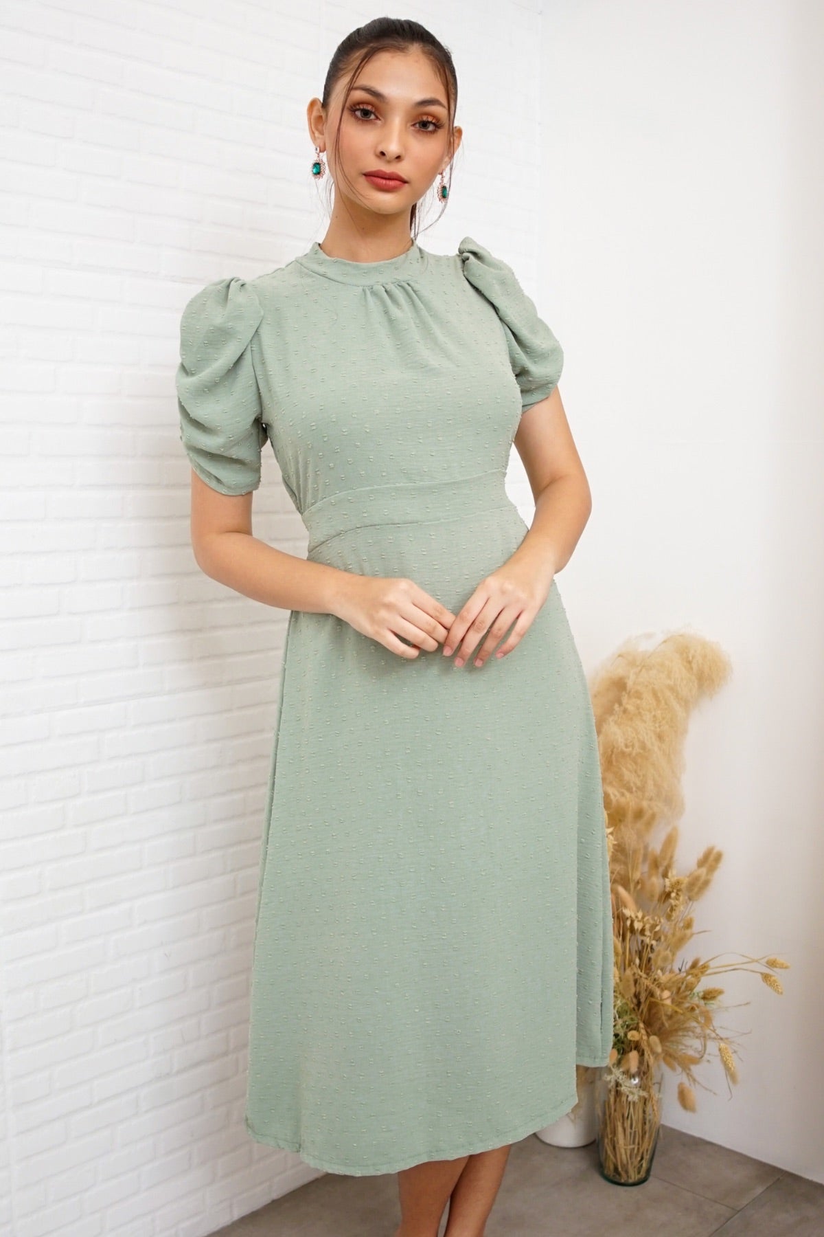 REIGN Puff-Sleeve Dobby Dot Midi Dress (Sage Green)