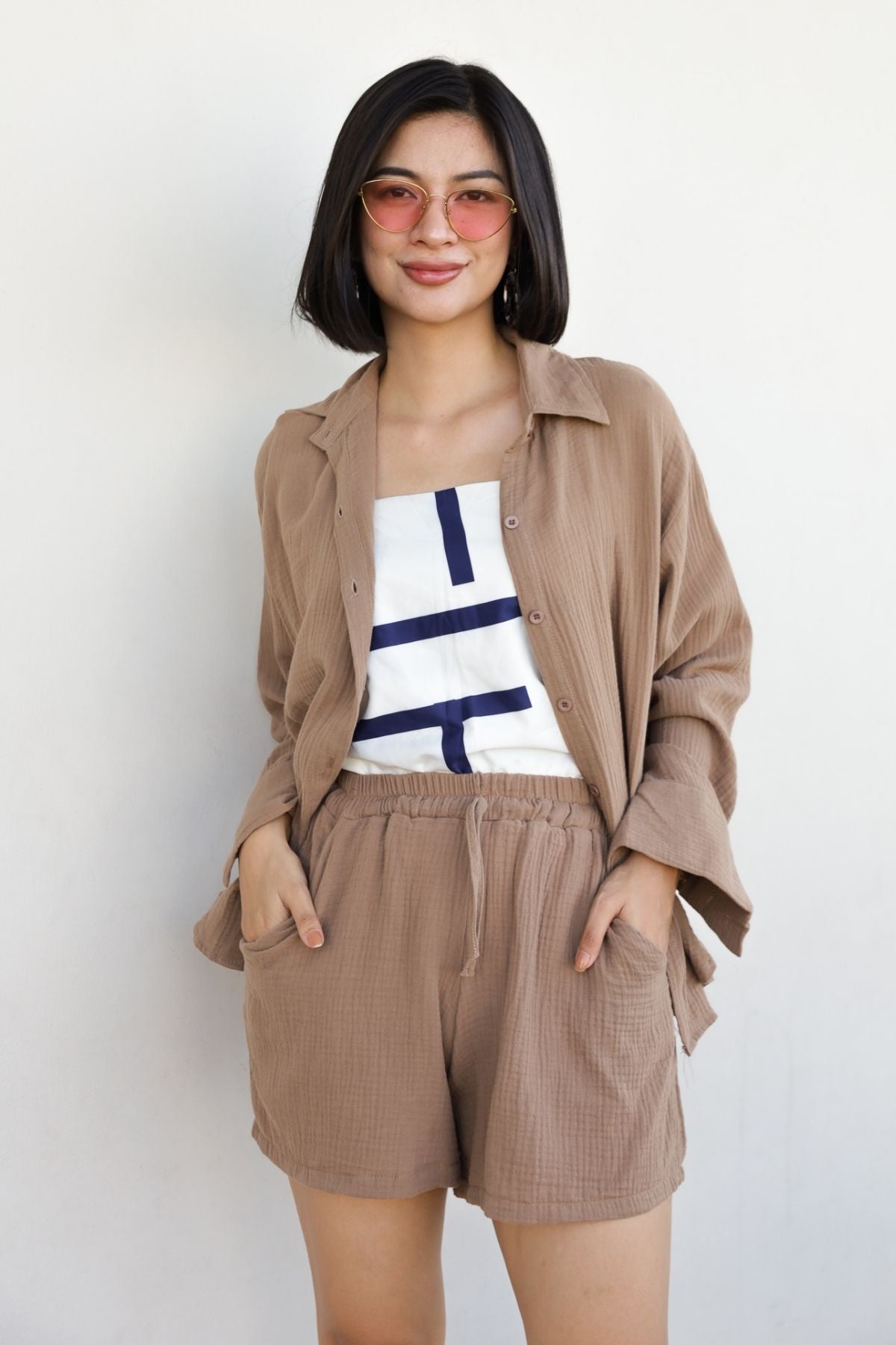 CADENCE Long-Sleeve Button-down Top & Shorts Co-ord (Mocha)
