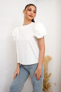 CATALEYA Poplin Puff-Sleeve Top (White)