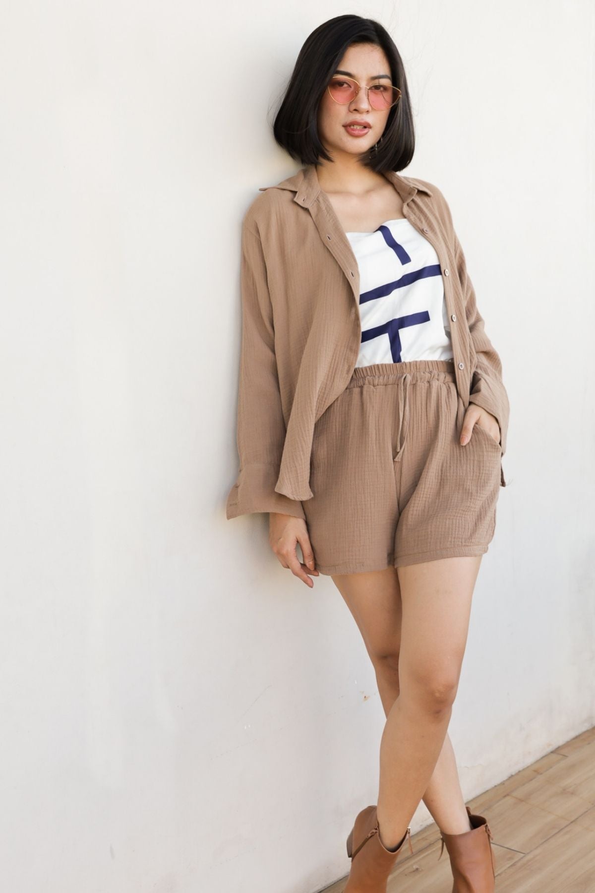 CADENCE Long-Sleeve Button-down Top & Shorts Co-ord (Mocha)