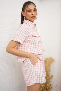 LEIGHTON Front-Pocket Tweed Blazer Top & Shorts Co-ord (Pink)