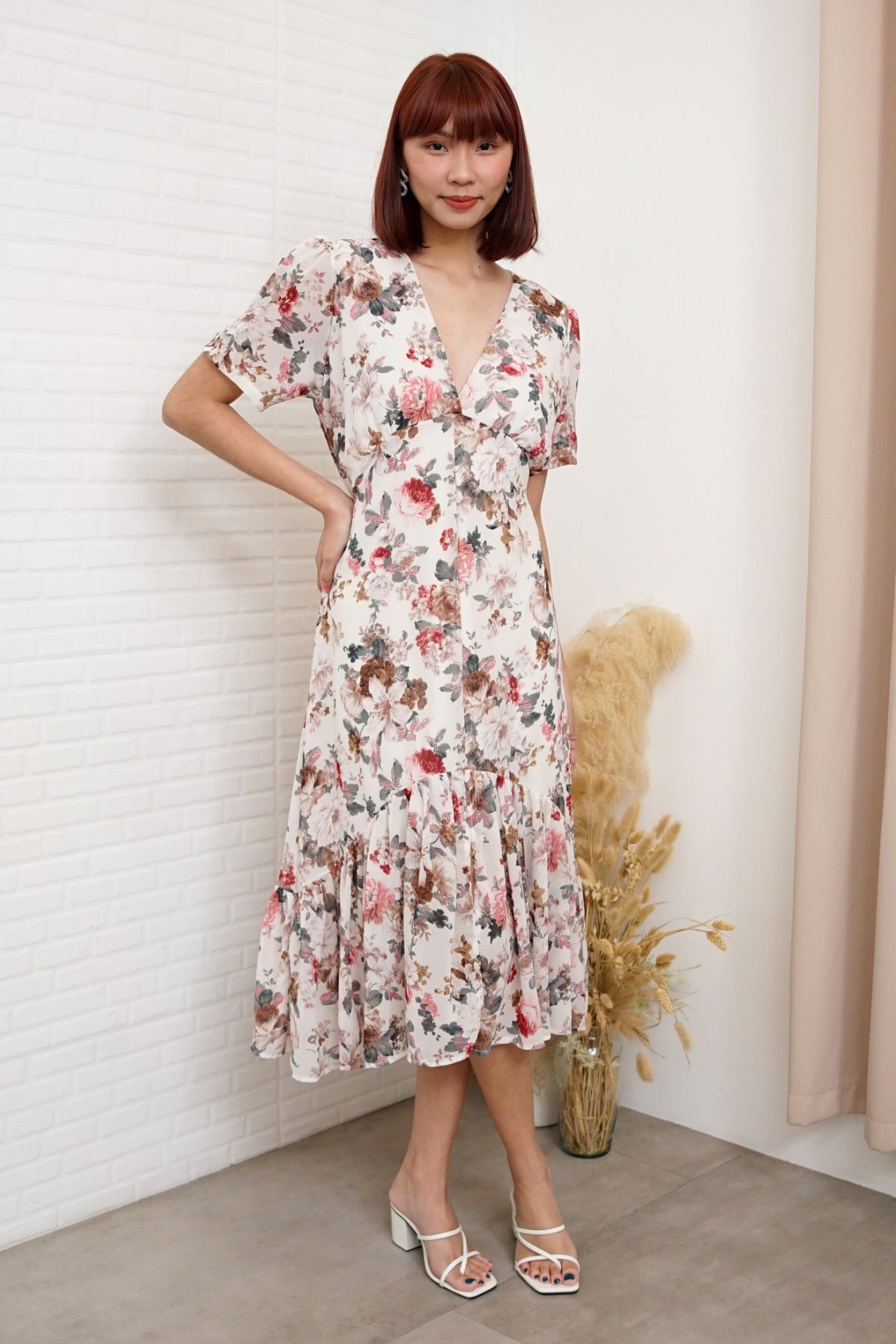 EVANGELINE Floral Chiffon Midi Dress