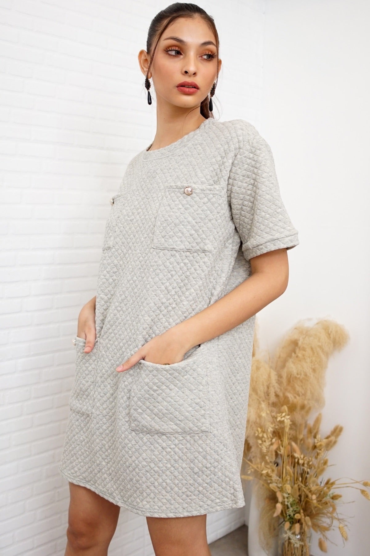 MCKENNA Diamond-Quilt Pocket Dress (Light Gray)