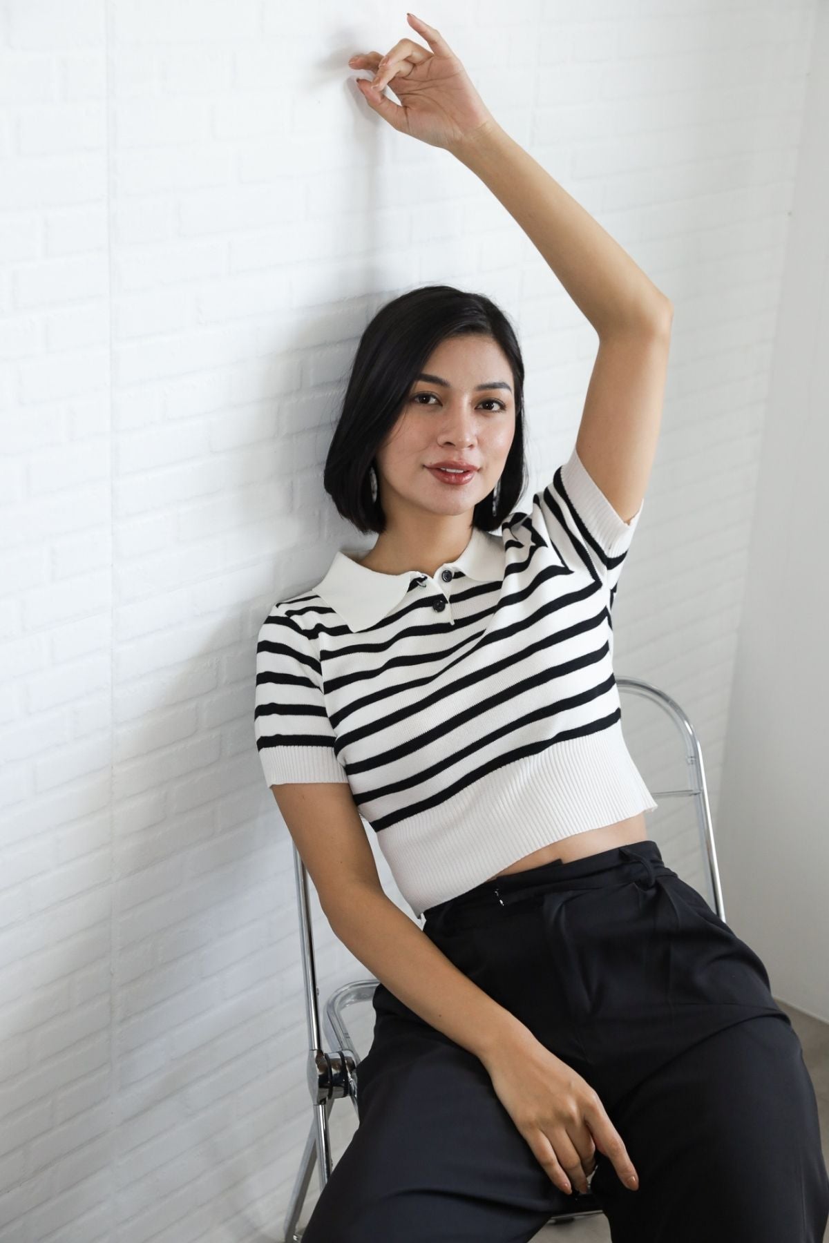 RUE Striped Knit Polo Shirt (White)