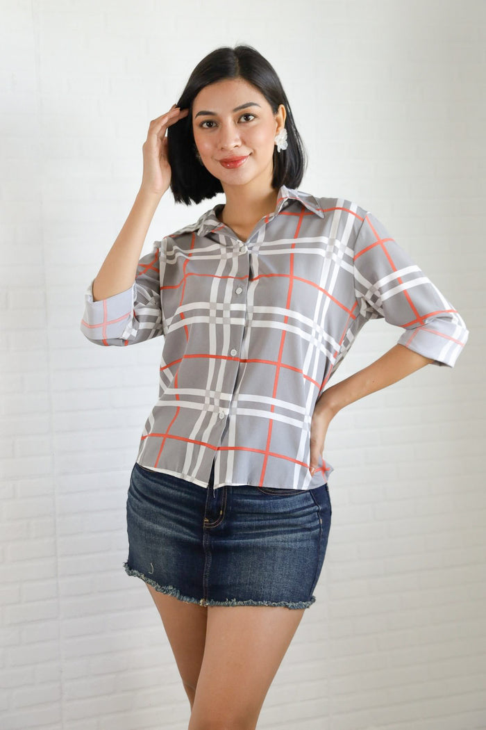 ANIKA Plaid Button-Down Shirt (Gray)
