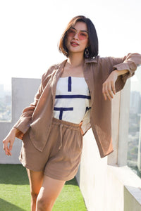 CADENCE Long-Sleeve Button-down Top & Shorts Co-ord (Mocha)