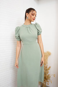 REIGN Puff-Sleeve Dobby Dot Midi Dress (Sage Green)