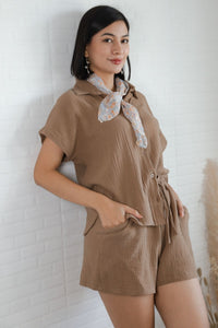 KYLIE Cotton Shirt & Shorts Co-ord (Mocha Brown)