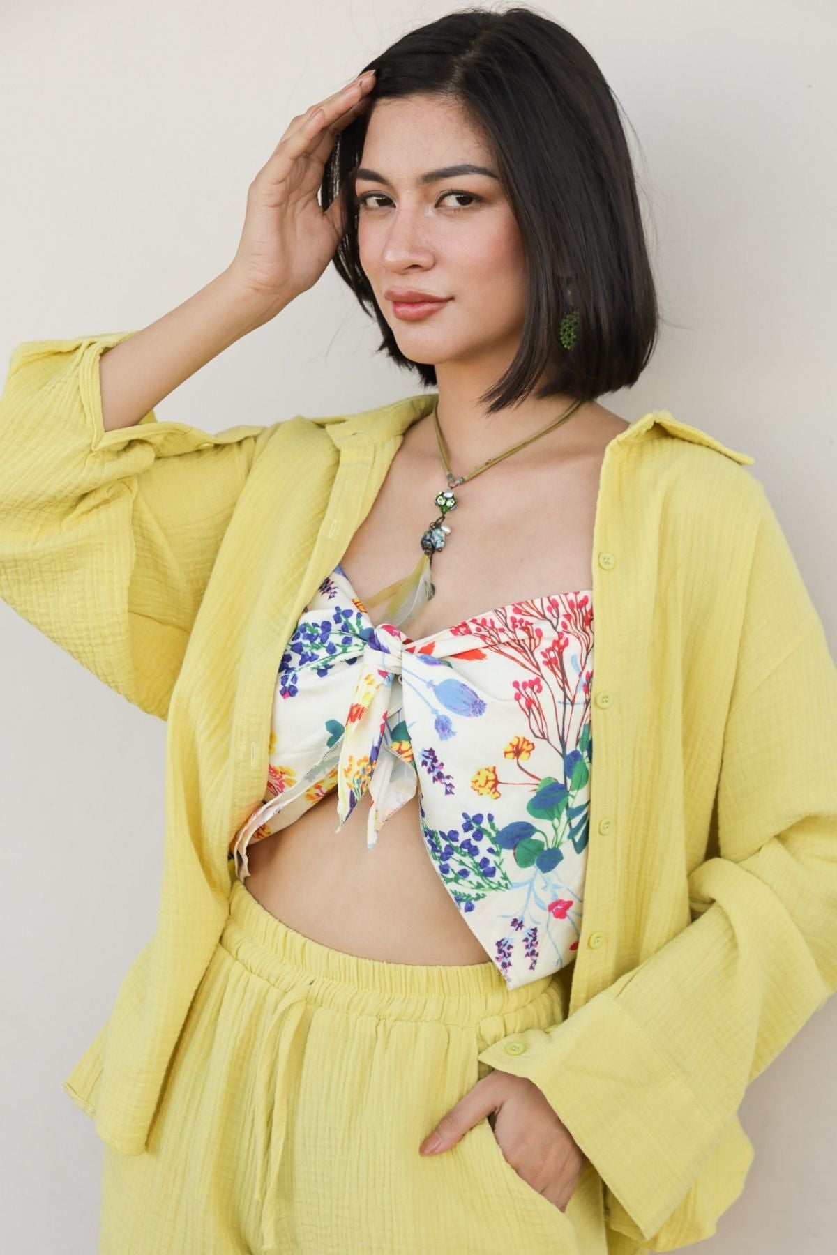 CADENCE Long-Sleeve Button-down Top & Shorts Co-ord (Lime Yellow)