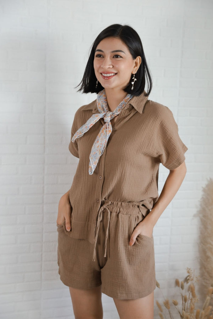 KYLIE Cotton Shirt & Shorts Co-ord (Mocha Brown)