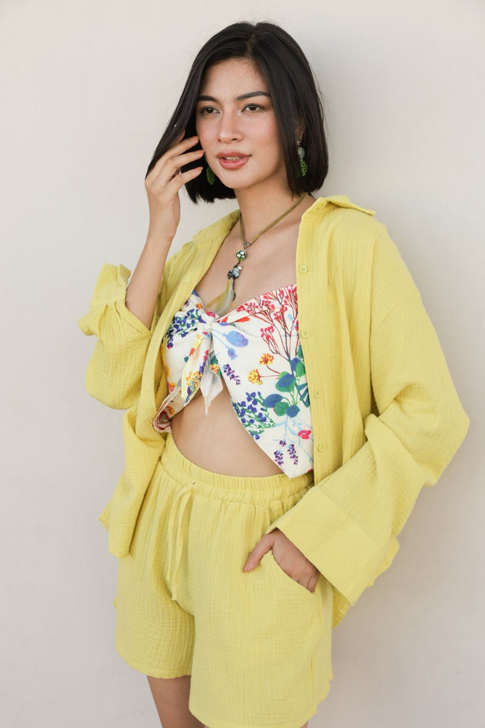 CADENCE Long-Sleeve Button-down Top & Shorts Co-ord (Lime Yellow)