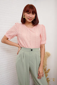 CHARLEE Puff-Sleeve Eyelet Top (Peach)