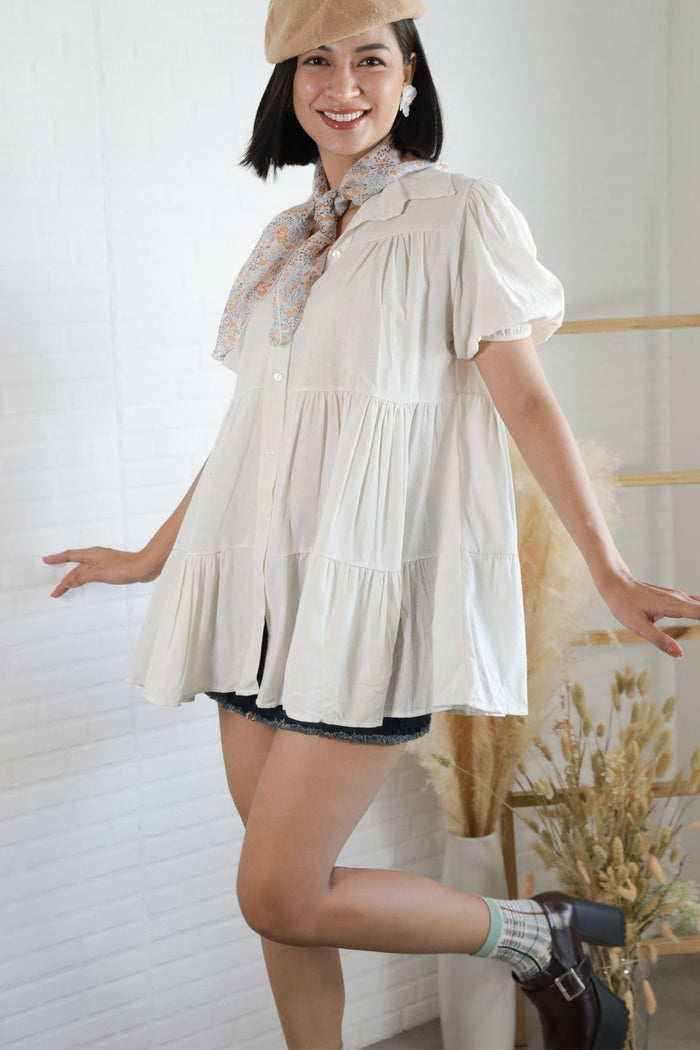 JULES Button-down Tiered Mini Dress (Off White)