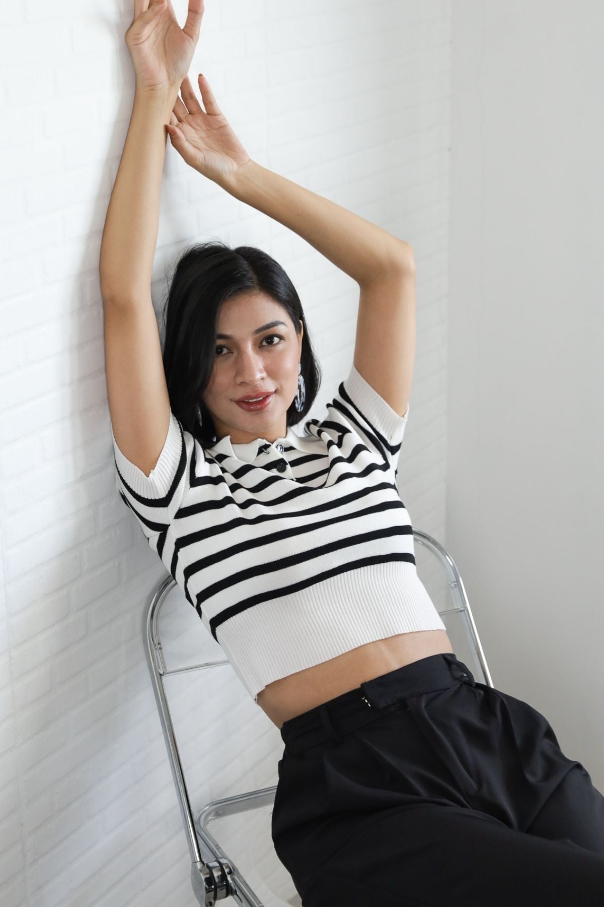 RUE Striped Knit Polo Shirt (White)