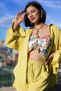 CADENCE Long-Sleeve Button-down Top & Shorts Co-ord (Lime Yellow)