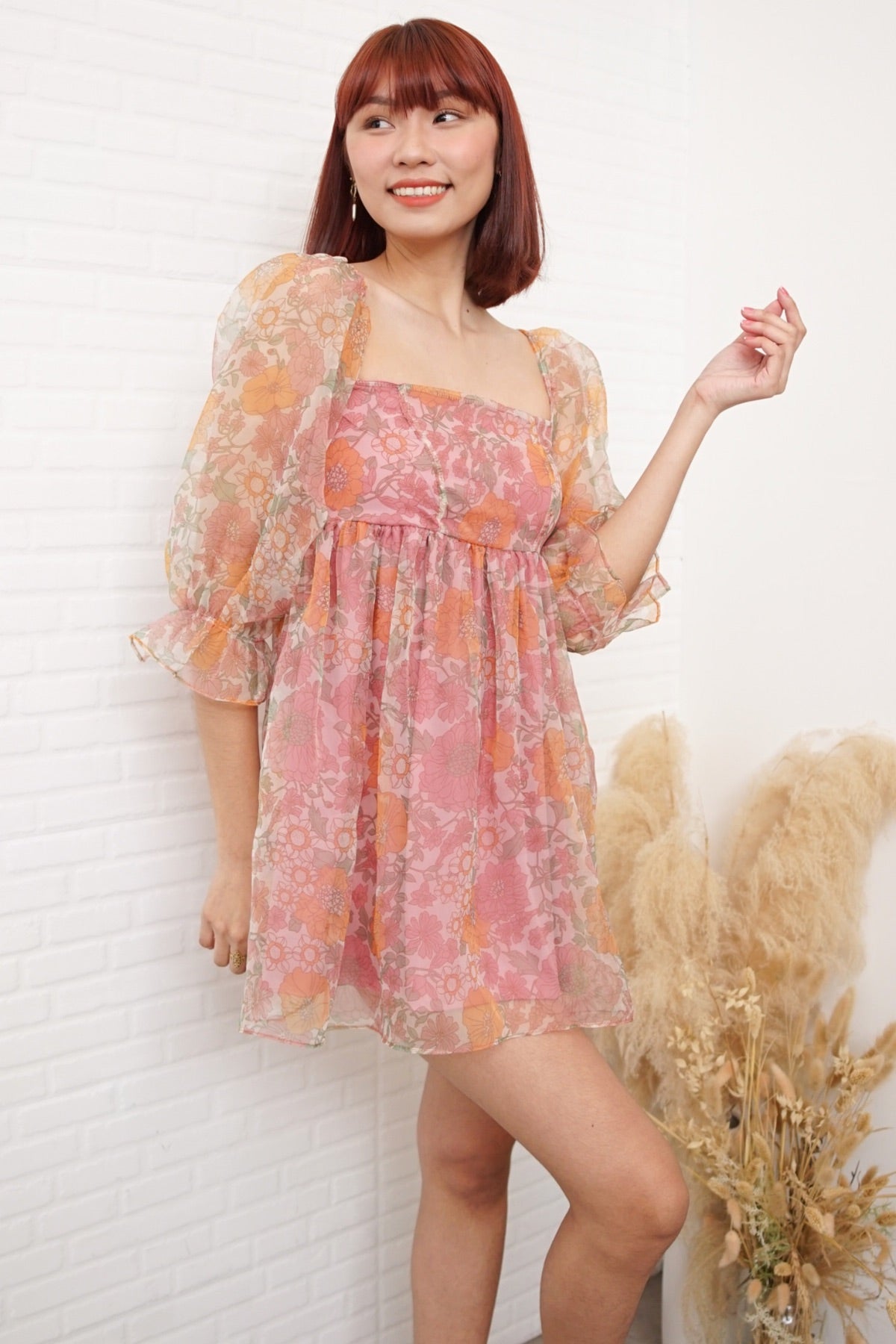 LILITH Puff-Sleeve Floral Organza Baby Doll Dress