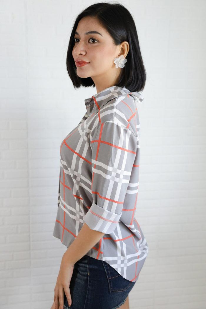 ANIKA Plaid Button-Down Shirt (Gray)