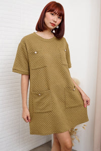 MCKENNA Diamond-Quilt Pocket Dress (Moss Green)