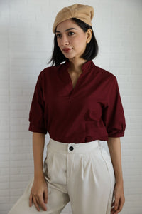 TAYLOR Relaxed Mandarin Collar Top (Wine Red)