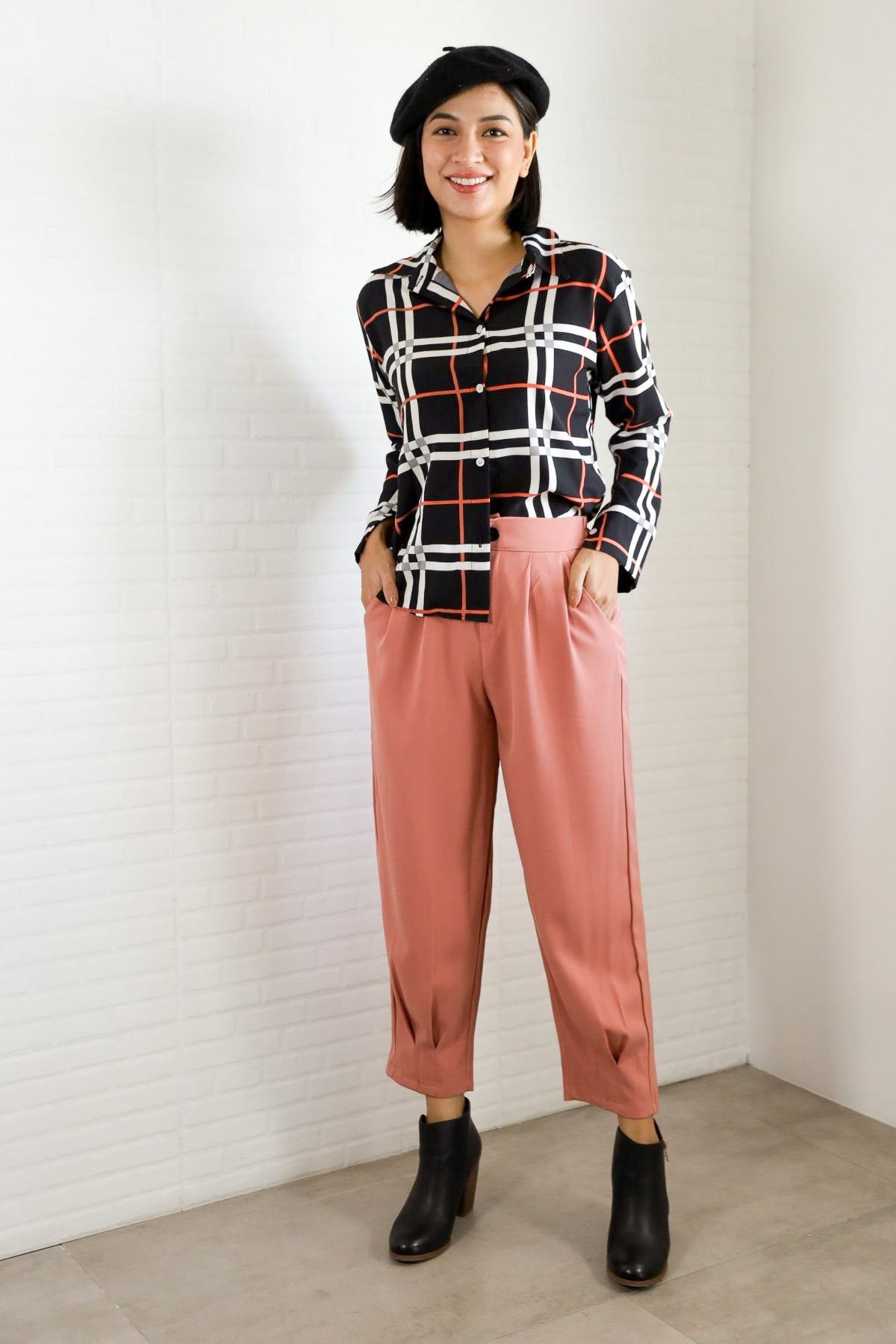 ANIKA Plaid Button-Down Shirt (Black)