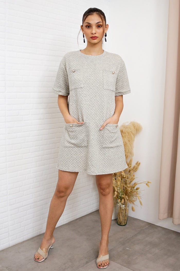 MCKENNA Diamond-Quilt Pocket Dress (Light Gray)