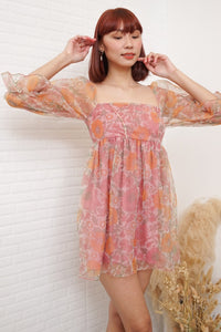 LILITH Puff-Sleeve Floral Organza Baby Doll Dress